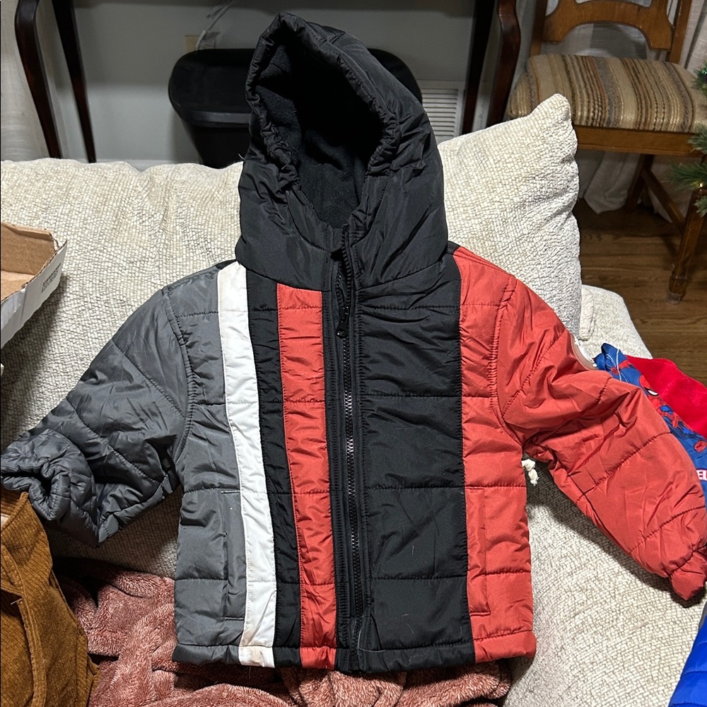 BearPaw Black and Red Hooded Puffer Jacket